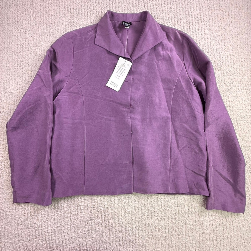 Eileen Fisher Women's S 100% Silk Dupioni Jacket Purple Button Front NWT